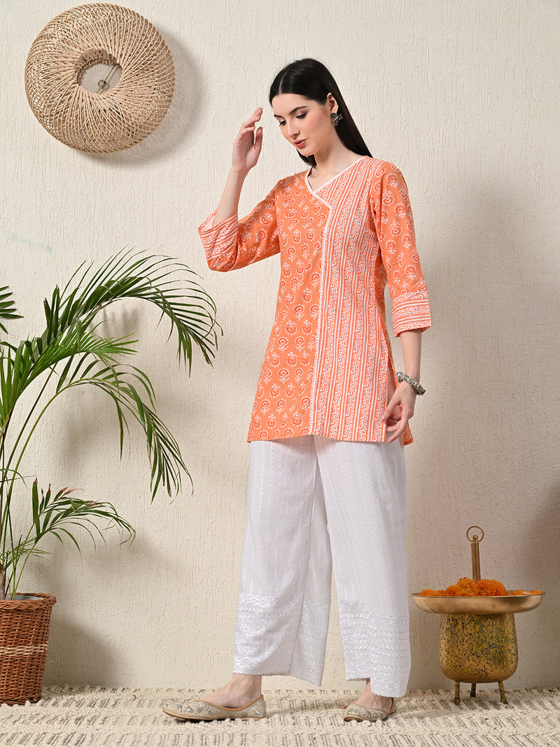White White Embroidered Cotton Palazzos–Elastic Waist & Ankle-Length with Side Pocket