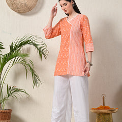 White White Embroidered Cotton Palazzos–Elastic Waist & Ankle-Length with Side Pocket
