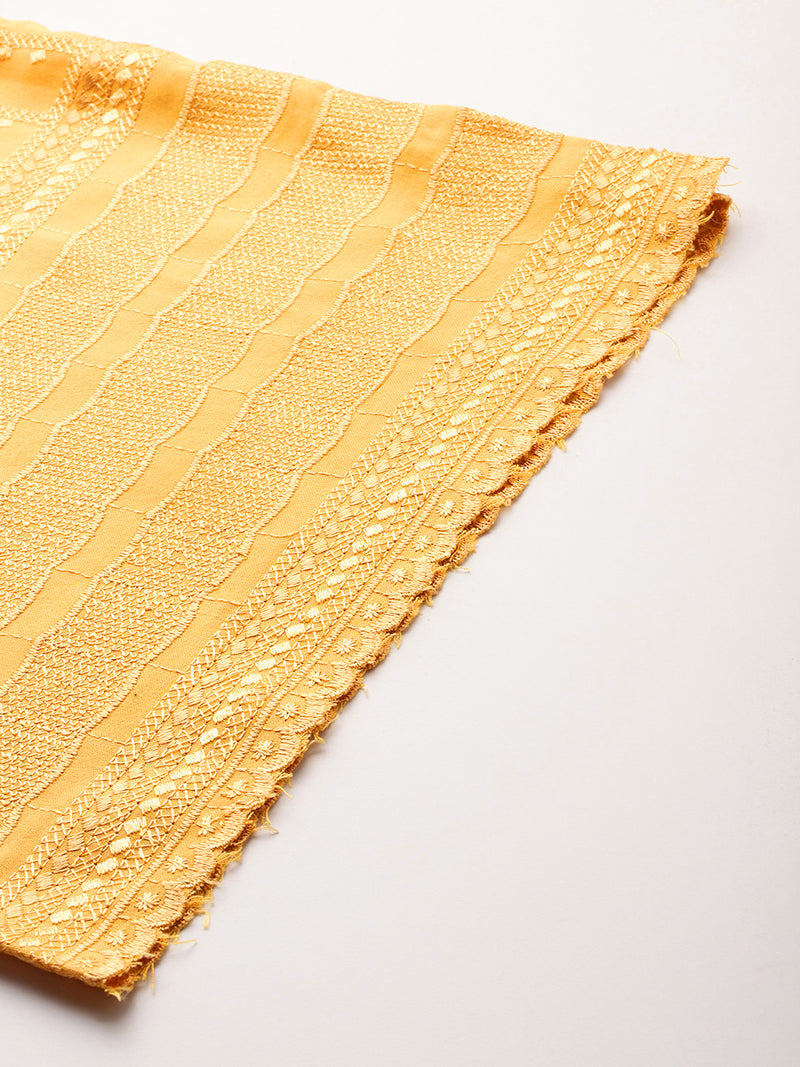 yellow Yellow Embroidered Cotton Palazzos–Elastic Waist & Ankle-Length with Side Pocket