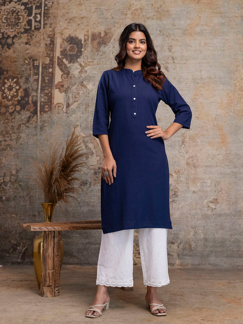 Women’s Solid Long Kurti with Mandarin Collar, 3/4 Sleeves & Pocket | Plain Elegant Cotton Kurta for Daily & Office Wear