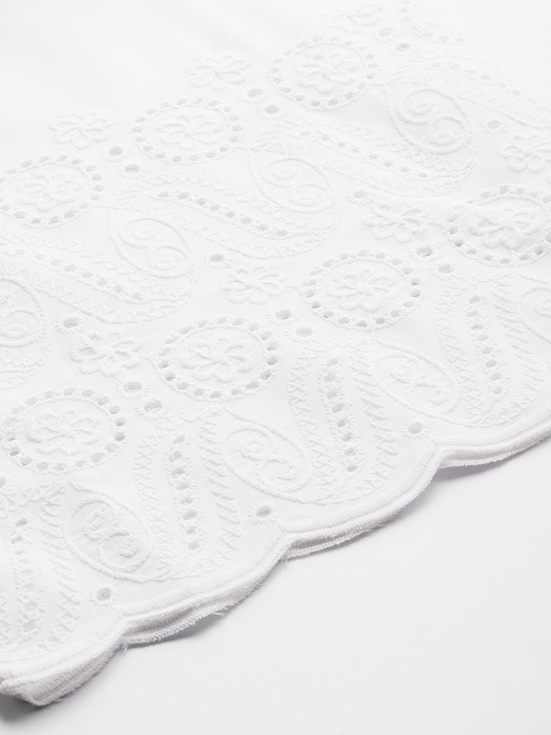 White Embroidered Palazzos–Fully Lined, Elastic Waist & Ankle-Length with Side Pocket