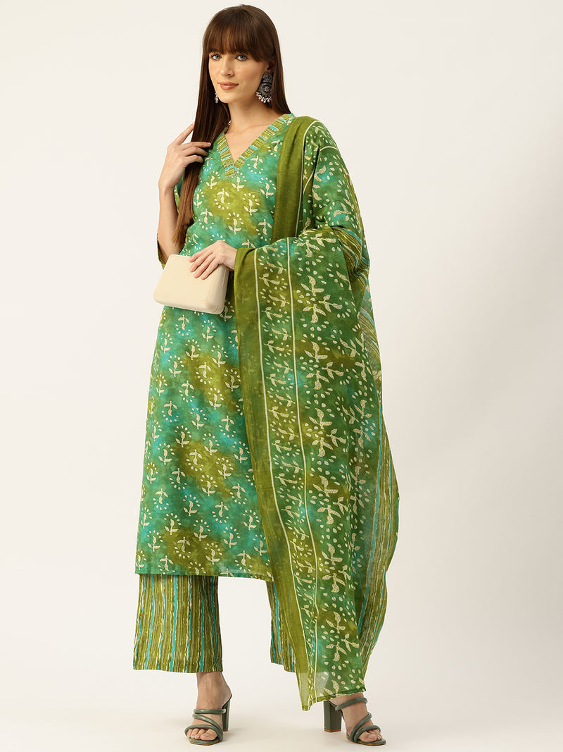 Bordered V-Neck 3-Piece Kurta Set with Ankle-Length Pants & Full-Length Dupatta (Size S-XXL).