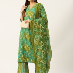 Bordered V-Neck 3-Piece Kurta Set with Ankle-Length Pants & Full-Length Dupatta (Size S-XXL).
