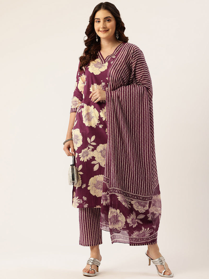 Bodered V-Neck 3-Piece Kurta Set with Ankle-Length Pants & Full-Length Dupatta (Size S-XXL).