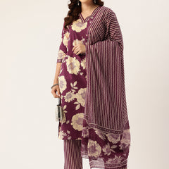 Bodered V-Neck 3-Piece Kurta Set with Ankle-Length Pants & Full-Length Dupatta (Size S-XXL).