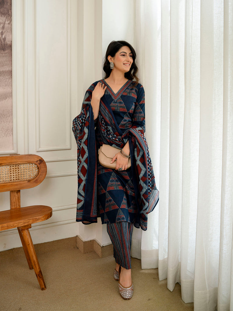 Bordered V-Neck 3-Piece Kurta Set with Ankle-Length Pants & Full-Length Dupatta (M–XXL)