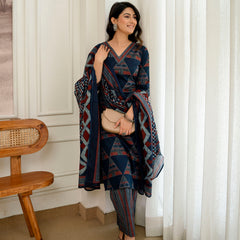 Bordered V-Neck 3-Piece Kurta Set with Ankle-Length Pants & Full-Length Dupatta (M–XXL)