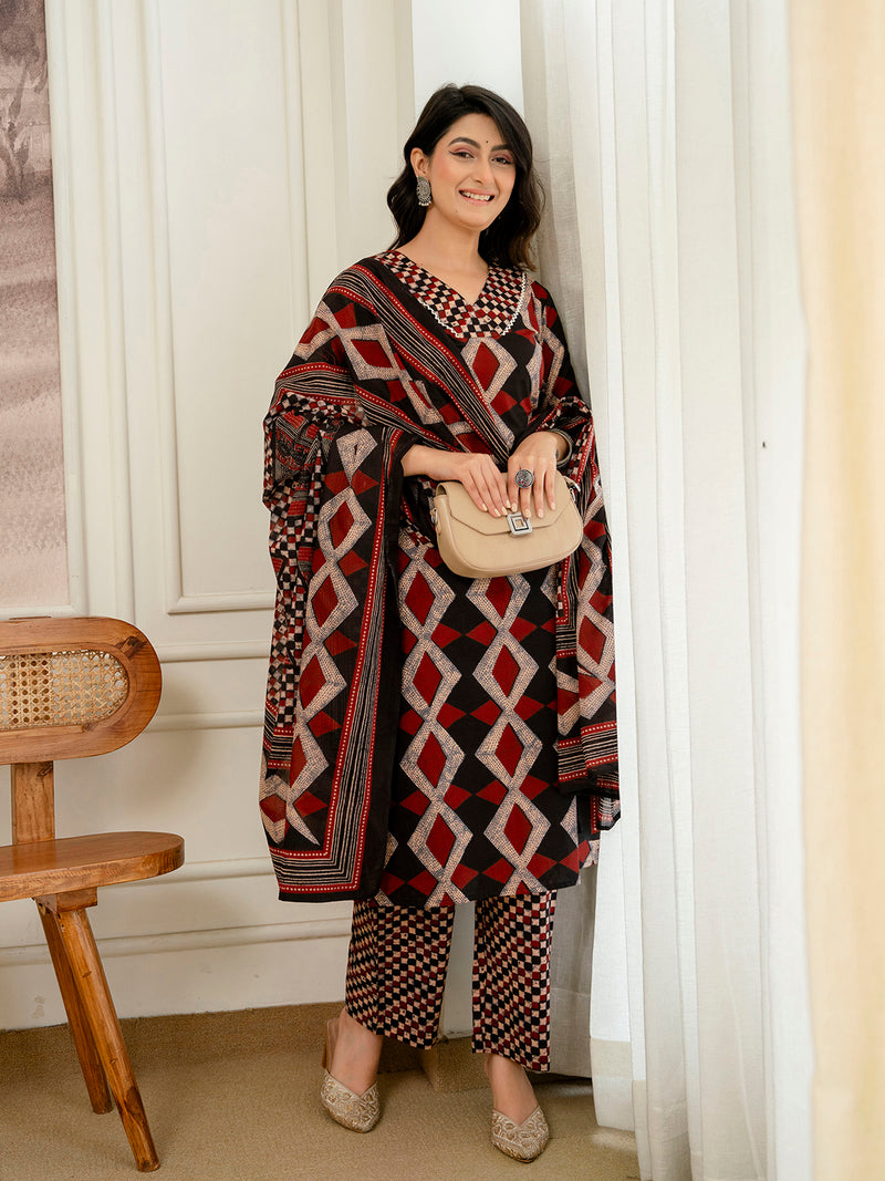 Bordered V-Neck 3-Piece Kurta Set with Ankle-Length Pants & Full-Length Dupatta (M–XXL)