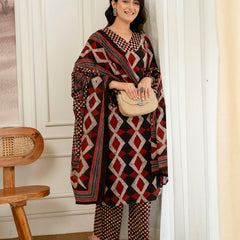 Bordered V-Neck 3-Piece Kurta Set with Ankle-Length Pants & Full-Length Dupatta (M–XXL)