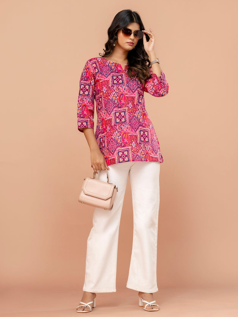 Elegant Printed Short Kurti – Soft Cotton, Everyday Style, Sizes S–XXL.