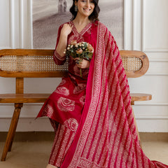 Bordered V-Neck 3-Piece Kurta Set with Ankle-Length Pants & Full-Length Dupatta (M–XXL)