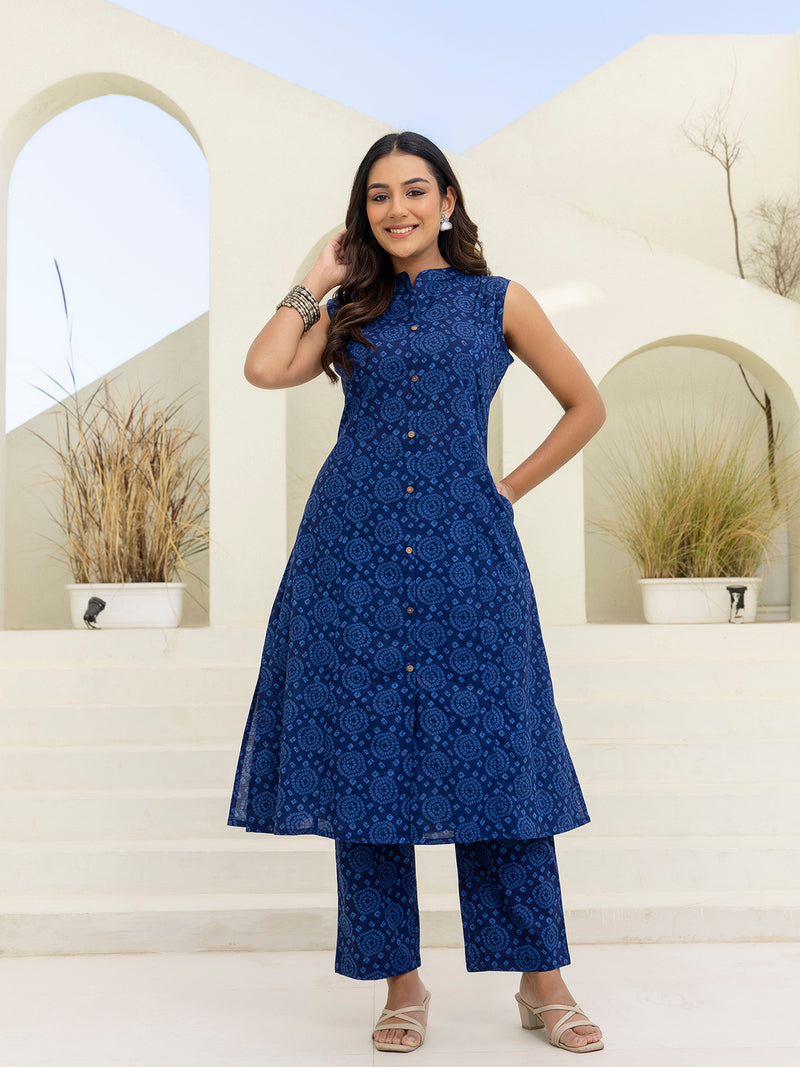Luxury Mandarin Collar Printed Co-Ord Set with Button Detail A-Line Kurta & Comfort Fit Pants