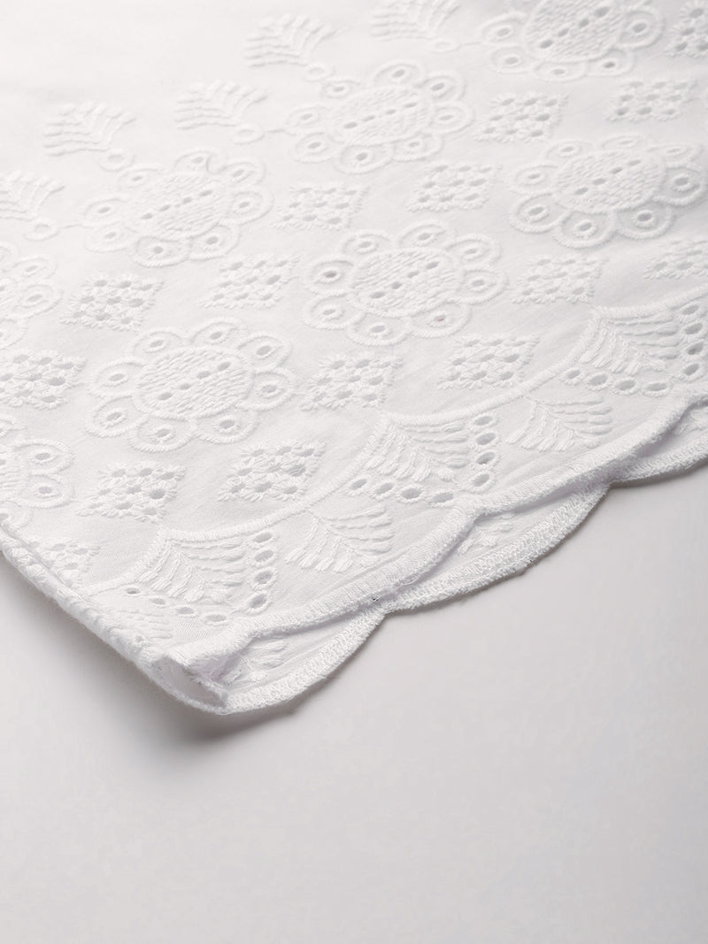 White White Embroidered Cotton Palazzos–Elastic Waist & Ankle-Length with Side Pocket