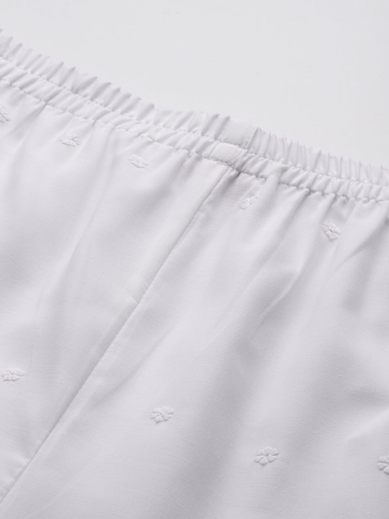 White Embroidered Palazzos–Fully Lined, Elastic Waist & Ankle-Length with Side Pocket