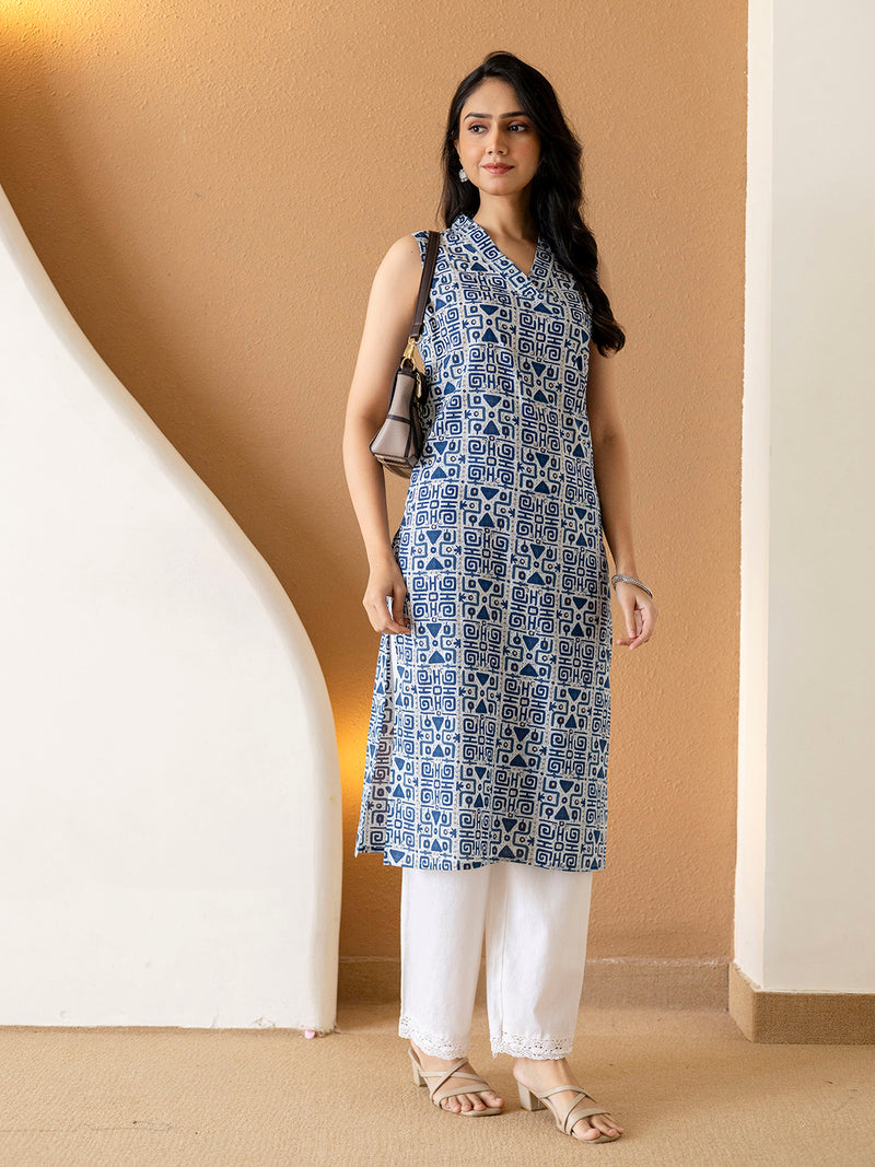 Elegant Sleeveless Cotton Printed Straight Kurta with Refined V-Neckline