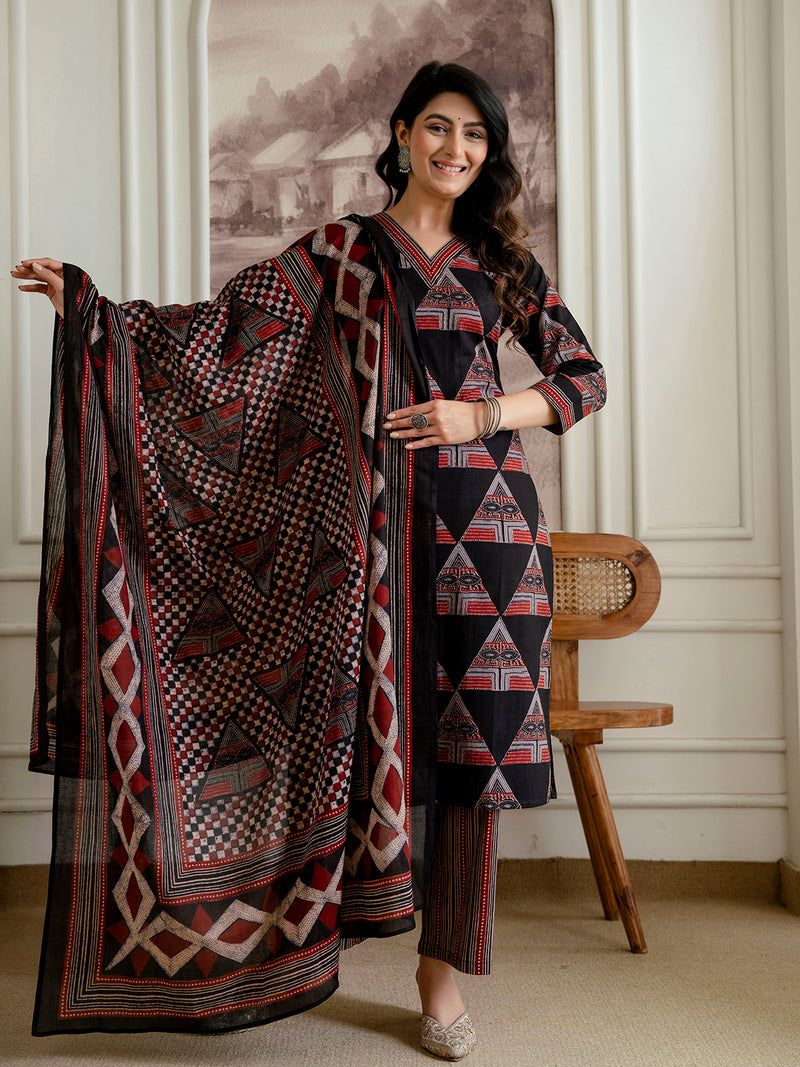 Bordered V-Neck 3-Piece Kurta Set with Ankle-Length Pants & Full-Length Dupatta (M–XXL)