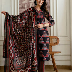 Bordered V-Neck 3-Piece Kurta Set with Ankle-Length Pants & Full-Length Dupatta (M–XXL)