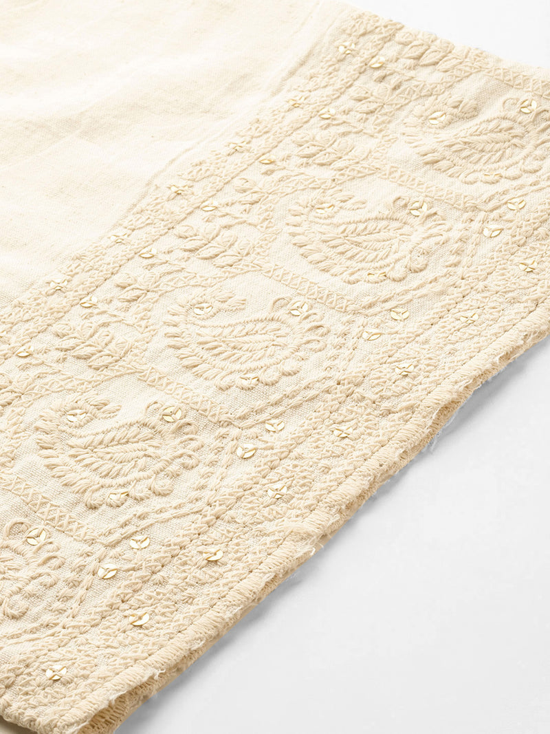 Beige Beige Palazzo|Embroidered, Flax Cotton, Sequin Detail, Ankle-Length, Single Pocket