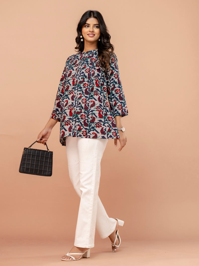 Elegant Mandarin Collar Printed Tunic – Stylish & Comfortable, Sizes