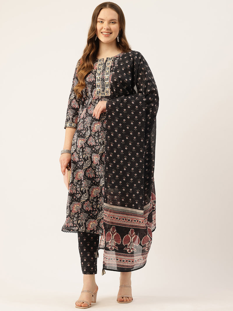 Straight Dupatta Sets - V-Neck, 3/4 Sleeves with Border Detailing, Elastic Waistband Pants with Pockets & Full-Length Dupatta (M-XXL)