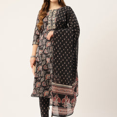 Straight Dupatta Sets - V-Neck, 3/4 Sleeves with Border Detailing, Elastic Waistband Pants with Pockets & Full-Length Dupatta (M-XXL)