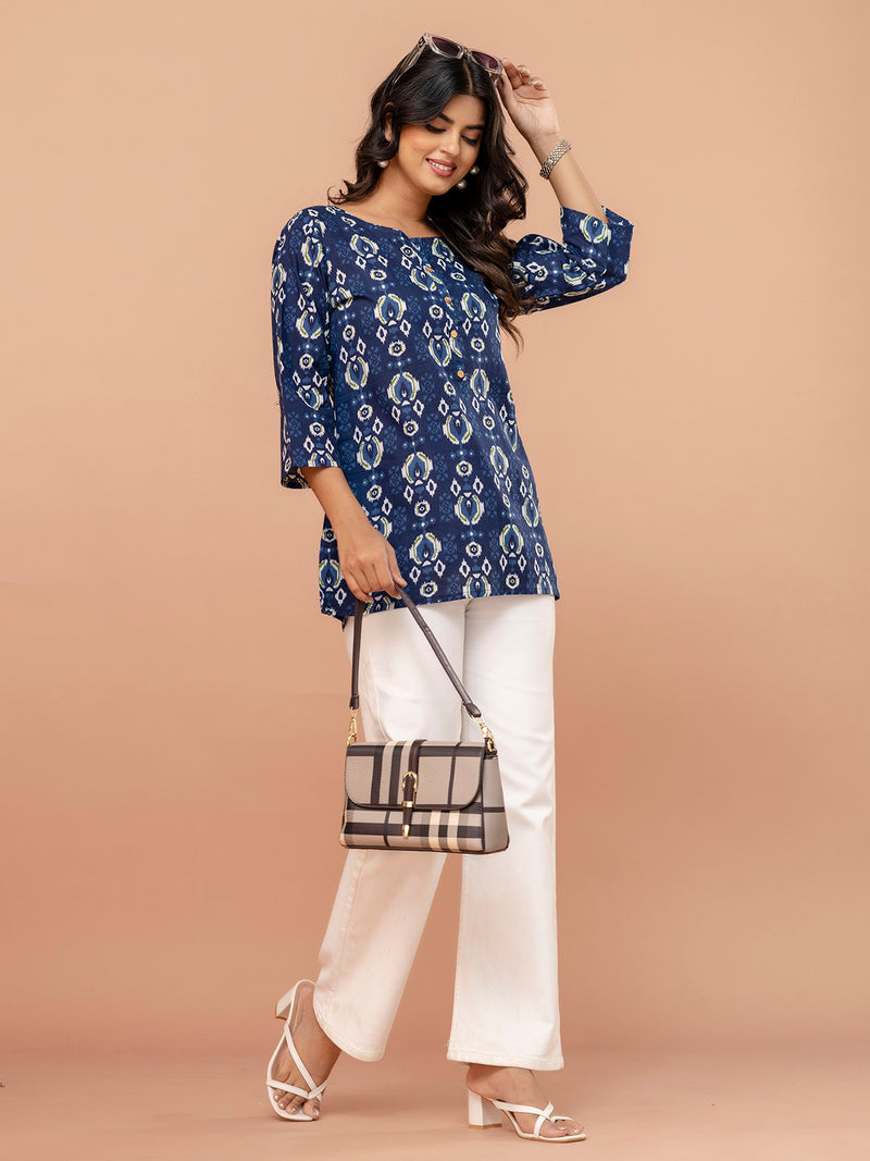 Chic Printed Short Kurti with Round Neck & 3/4 Sleeves