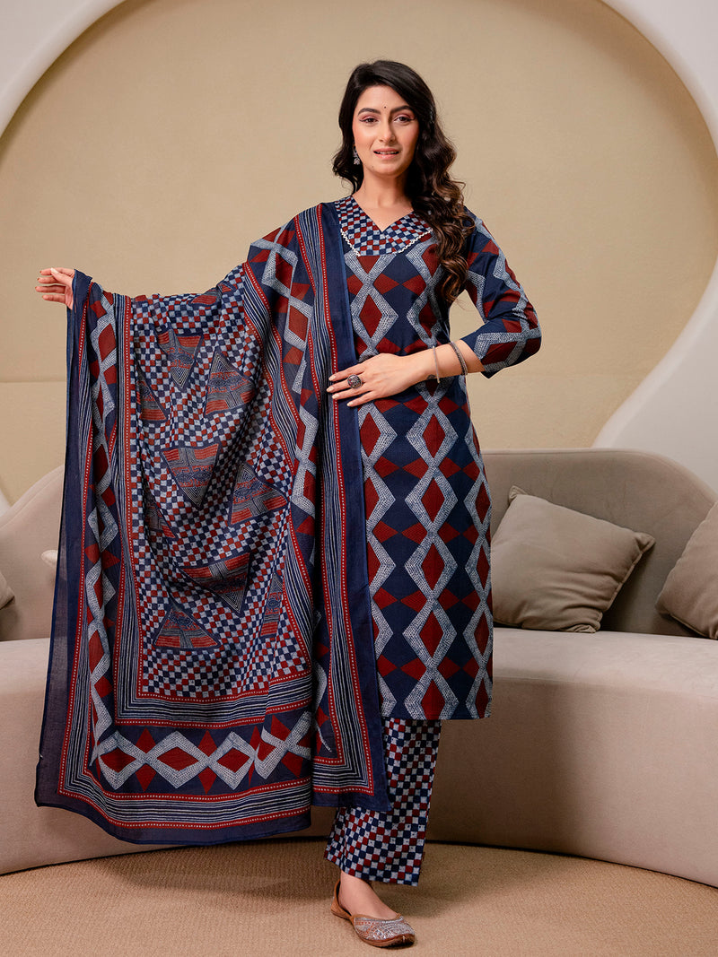 Bordered V-Neck 3-Piece Kurta Set with Ankle-Length Pants & Full-Length Dupatta (M–XXL)