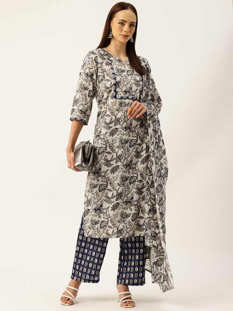Round V-Cut Neck 3-Piece Kurta Set with Ankle-Length Pants & Full-Length Dupatta (Size S-XXL).