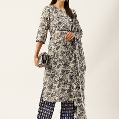 Round V-Cut Neck 3-Piece Kurta Set with Ankle-Length Pants & Full-Length Dupatta (Size S-XXL).