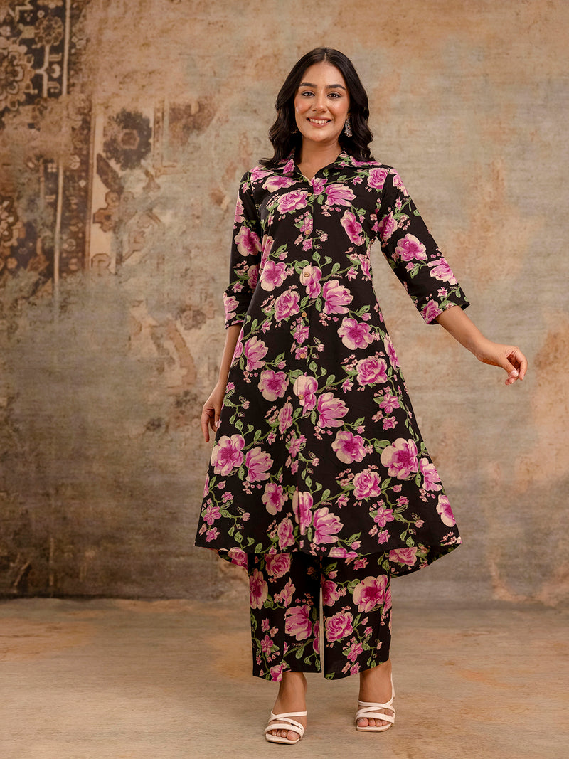 Black Women’s Co-Ord Set–Printed Collared Kurta with 3/4 Sleeves & Elastic Waist Pants