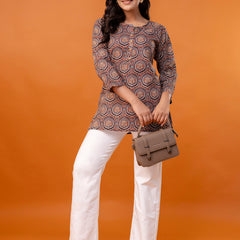 Chic Printed Short Kurti with Round Neck & 3/4 Sleeves