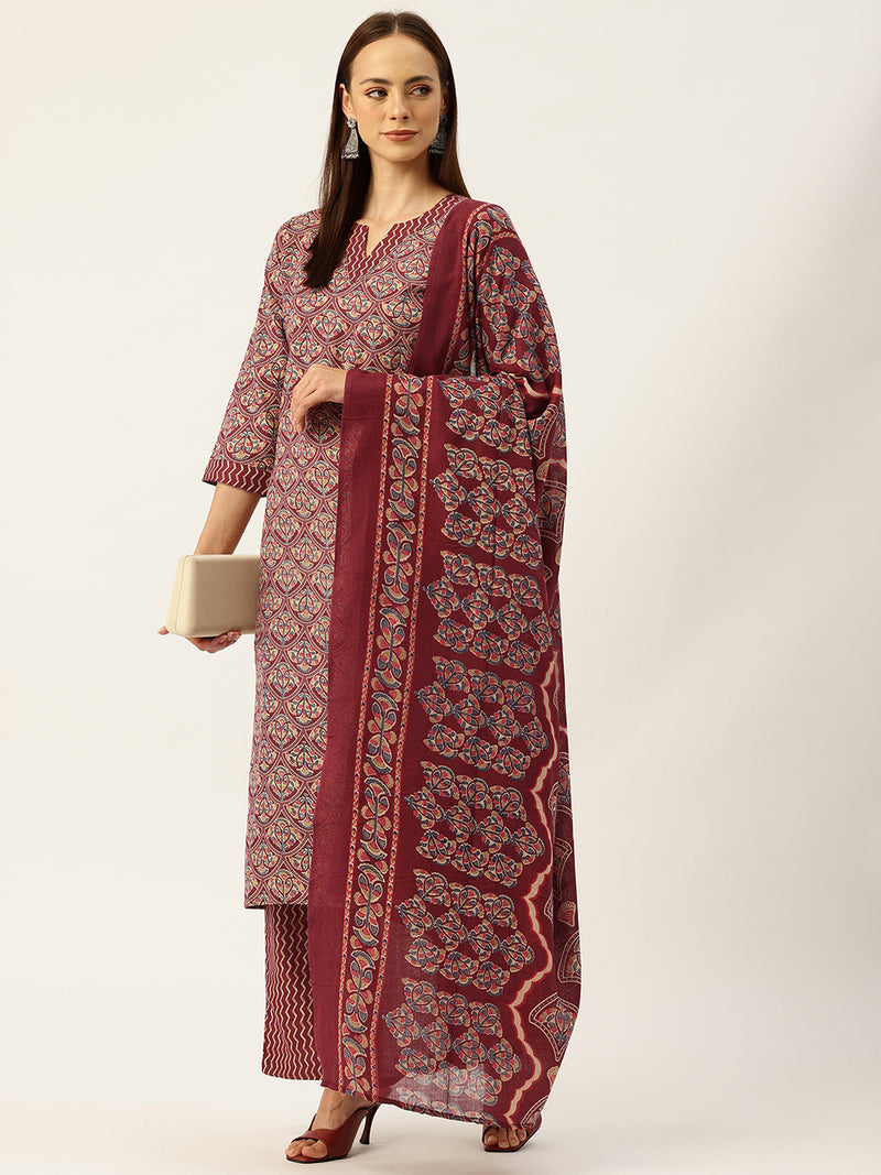 Round V-Cut Neck 3-Piece Kurta Set with Ankle-Length Pants & Full-Length Dupatta (Size S-XXL).