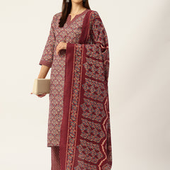 Round V-Cut Neck 3-Piece Kurta Set with Ankle-Length Pants & Full-Length Dupatta (Size S-XXL).