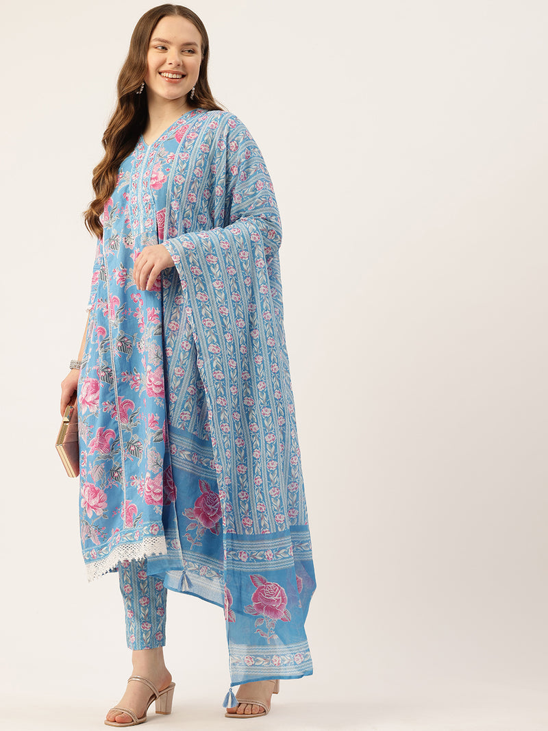 A-line Dupatta Sets - V-Neck, 3/4 Sleeves, Lace Work, Elastic Waistband Pants with Pockets & Full-Length Dupatta (M-XXL)