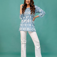 Chic Printed Short Kurti with Round Neck & 3/4 Sleeves