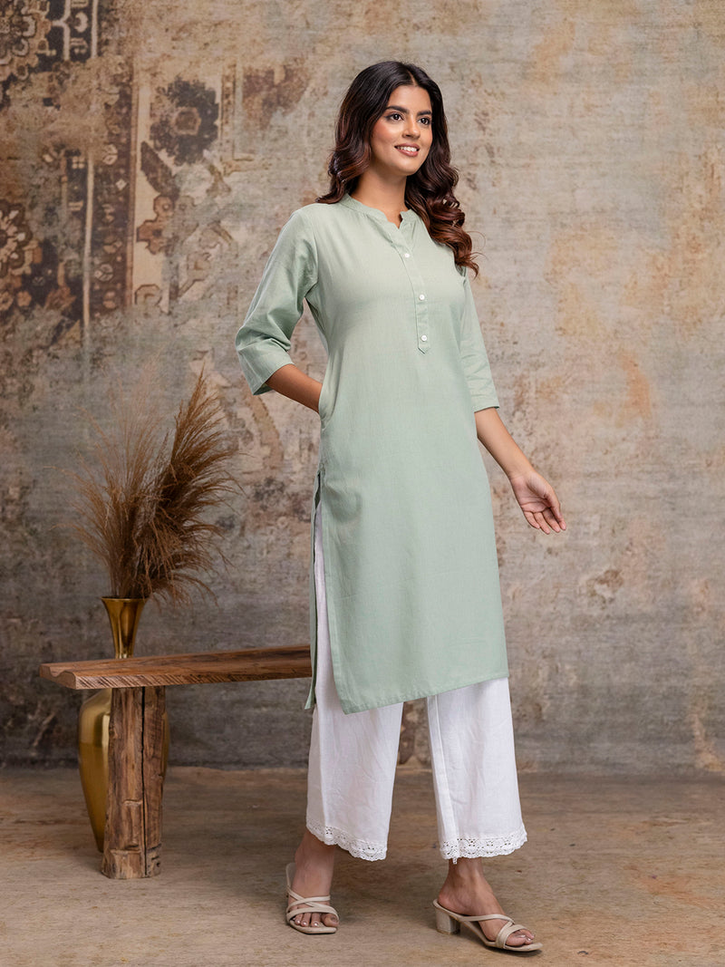 Women’s Solid Long Kurti with Mandarin Collar, 3/4 Sleeves & Pocket | Plain Elegant Cotton Kurta for Daily & Office Wear