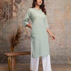 Women’s Solid Long Kurti with Mandarin Collar, 3/4 Sleeves & Pocket | Plain Elegant Cotton Kurta for Daily & Office Wear