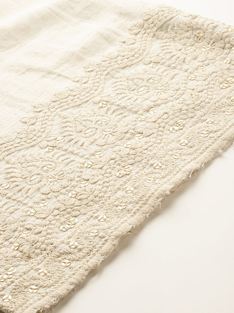 Beige Beige Palazzo|Embroidered, Flax Cotton, Sequin Detail, Ankle-Length, Single Pocket