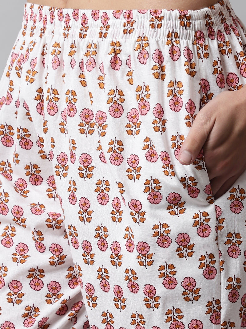 White Printed Cotton Night Suit with V-Neck Kurti & Ankle-Length Pants