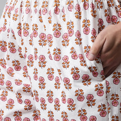 White Printed Cotton Night Suit with V-Neck Kurti & Ankle-Length Pants