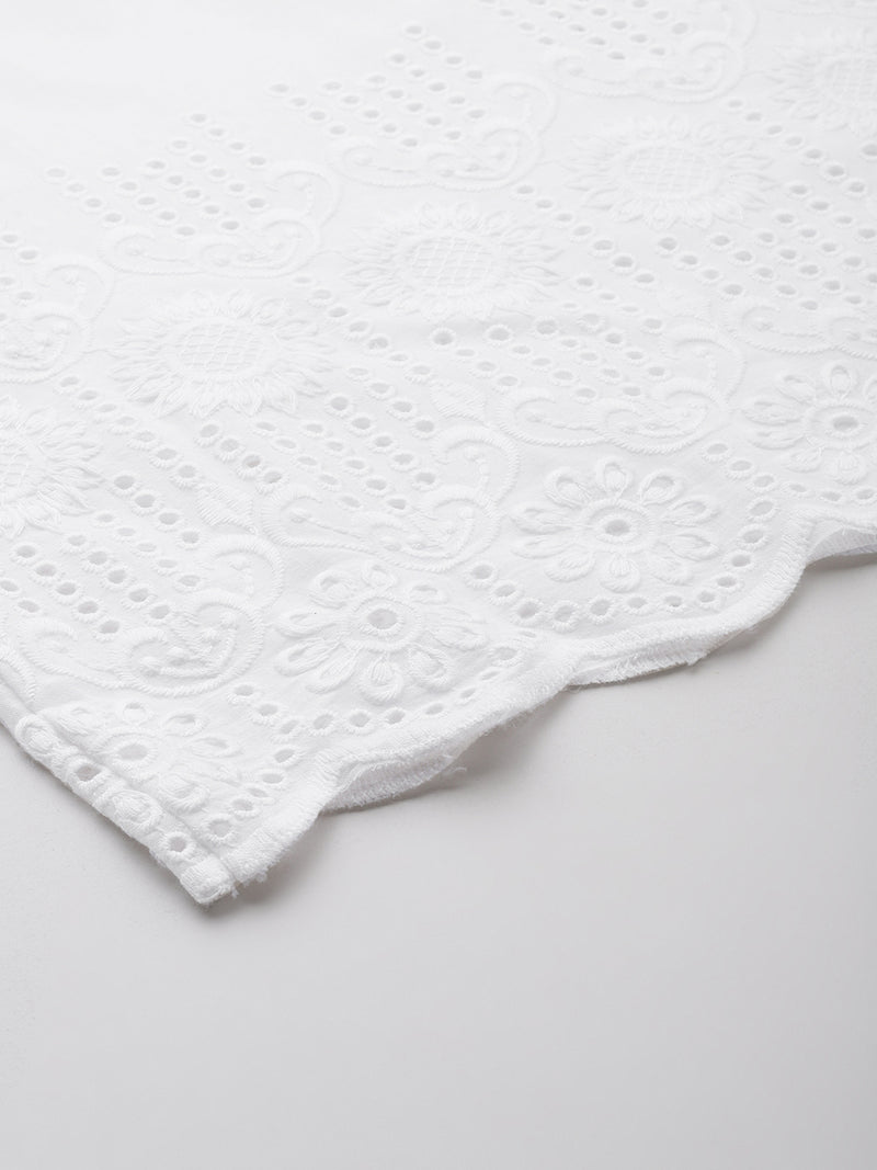 White White Embroidered Cotton Palazzos–Elastic Waist & Ankle-Length with Side Pocket