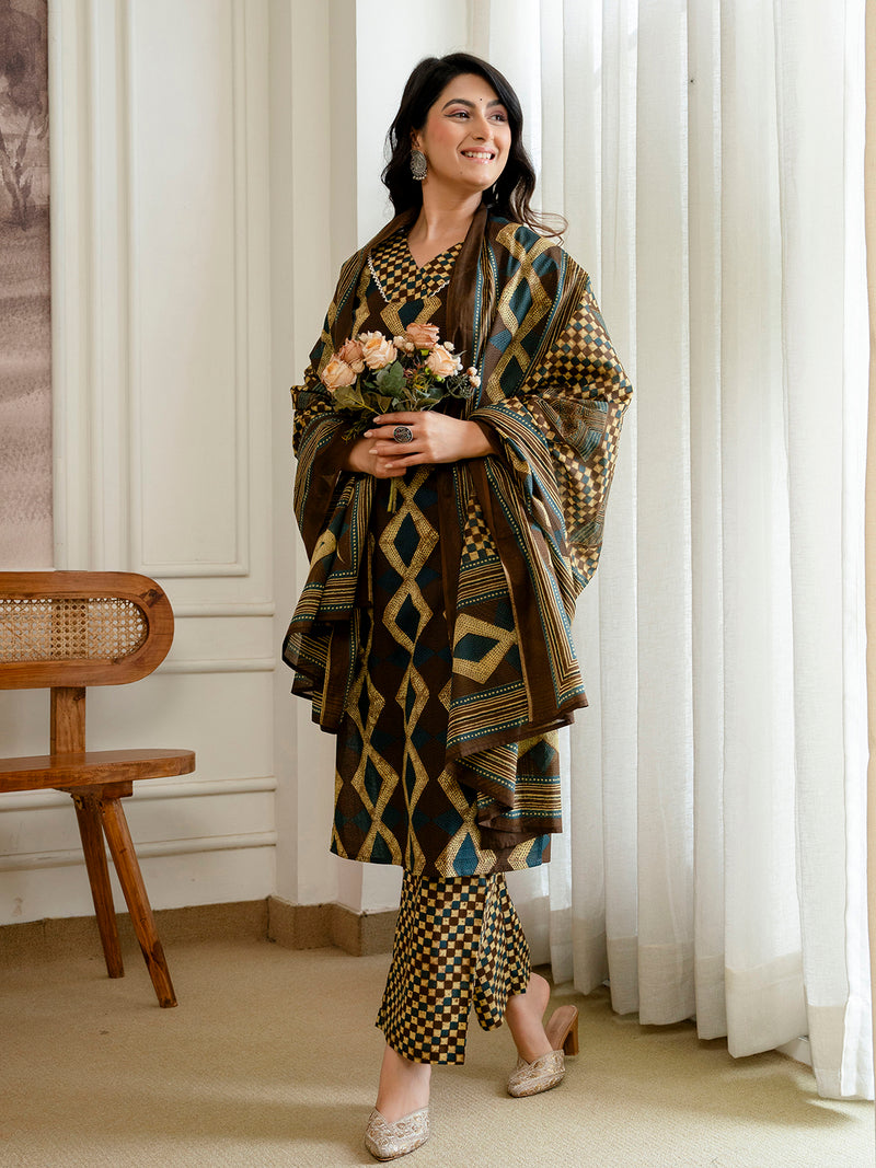 Bordered V-Neck 3-Piece Kurta Set with Ankle-Length Pants & Full-Length Dupatta (M–XXL)