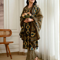 Bordered V-Neck 3-Piece Kurta Set with Ankle-Length Pants & Full-Length Dupatta (M–XXL)