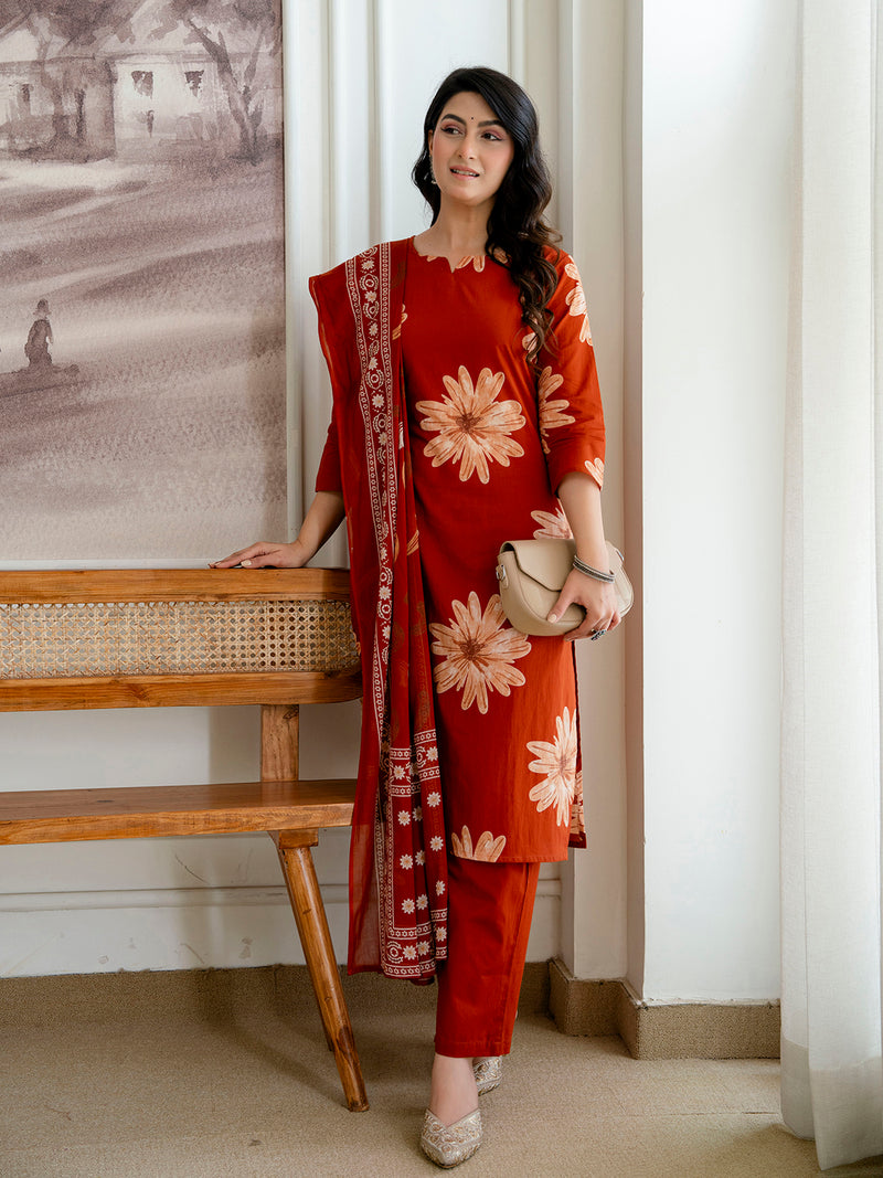 Printed Cotton Kurta Set with Ankle-Length Pants and Graceful Dupatta