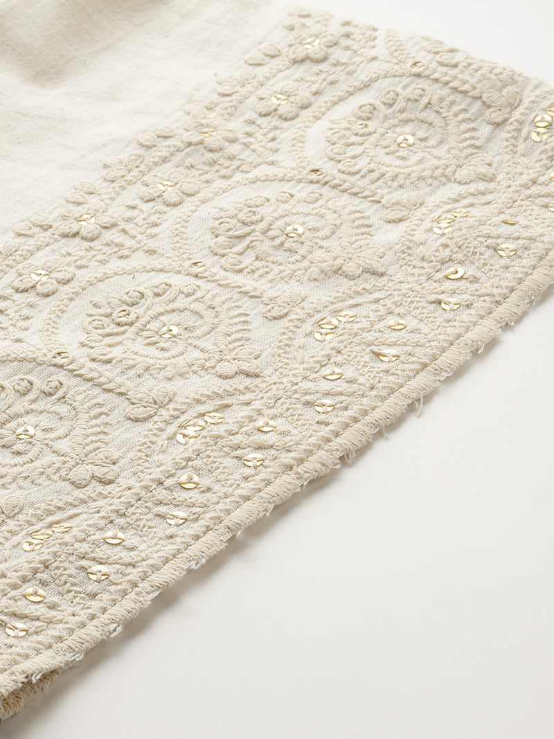 Beige Beige Palazzo|Embroidered, Flax Cotton, Sequin Detail, Ankle-Length, Single Pocket