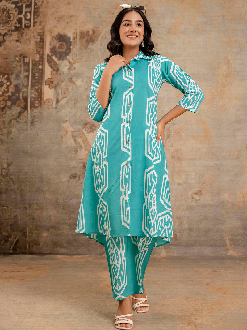 Light Green Women’s Co-Ord Set–Printed Collared Kurta with 3/4 Sleeves & Elastic Waist Pants