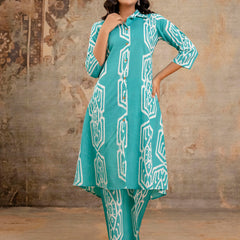 Light Green Women’s Co-Ord Set–Printed Collared Kurta with 3/4 Sleeves & Elastic Waist Pants