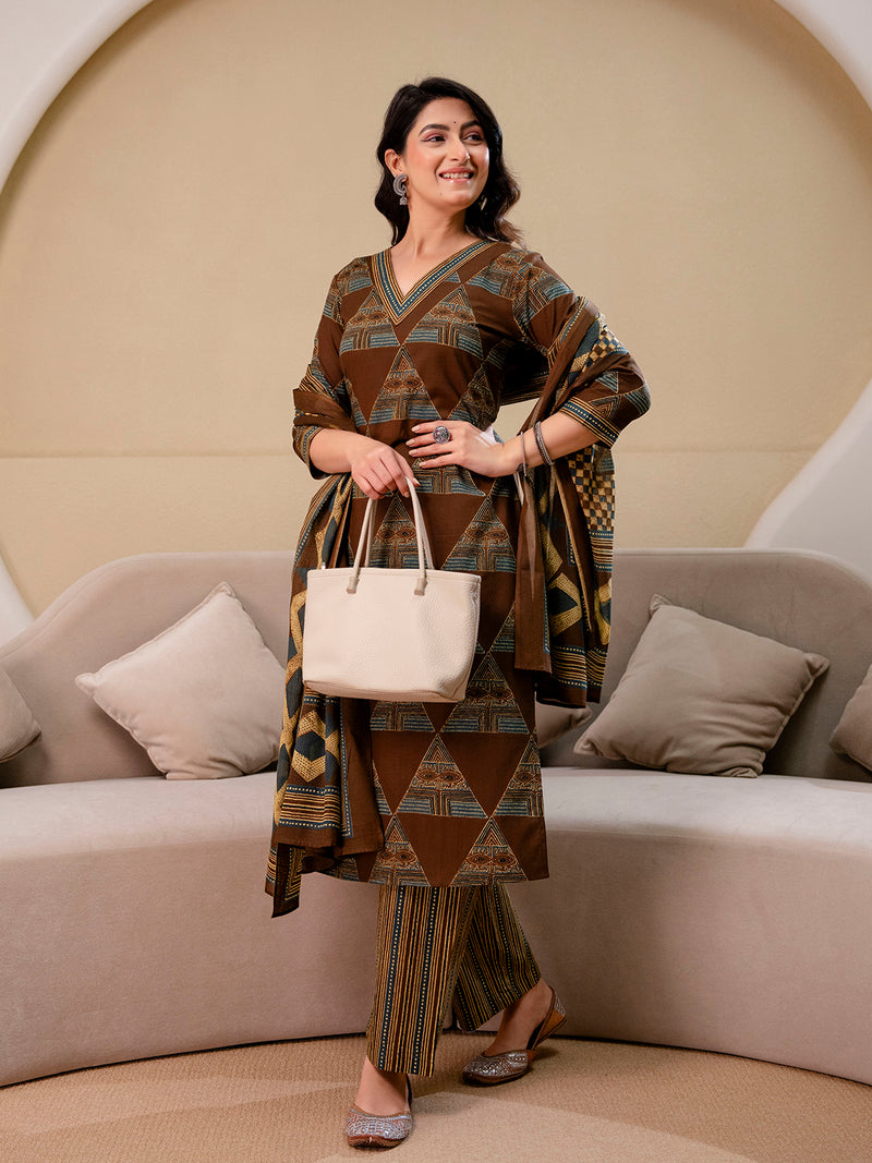 Bordered V-Neck 3-Piece Kurta Set with Ankle-Length Pants & Full-Length Dupatta (M–XXL)