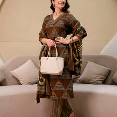 Bordered V-Neck 3-Piece Kurta Set with Ankle-Length Pants & Full-Length Dupatta (M–XXL)