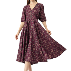 Women's Pure Cotton Floral Printed A-Line Gown with 3/4 Puff Sleeves & V-Neck